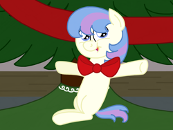 Size: 2048x1536 | Tagged: safe, artist:kindheart525, imported from derpibooru, oc, oc only, oc:beryl, pony, kindverse, adopted offspring, bow, bowtie, christmas tree, cute, foal, next generation, parent:marble pie, parent:oc:indigo dreams, parent:oc:star shooter, solo, toddler, tree