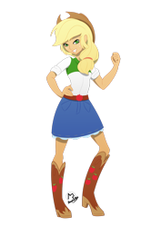 Size: 1024x1448 | Tagged: safe, artist:basykail, imported from derpibooru, applejack, equestria girls, boots, clothes, cowboy hat, denim skirt, female, freckles, grin, hat, high heel boots, rubber boots, signature, simple background, skirt, smiling, solo, stetson, transparent background