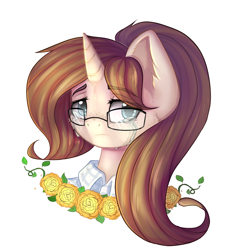 Size: 1776x1848 | Tagged: dead source, safe, artist:freckleplant, imported from derpibooru, oc, oc only, pony, unicorn, bust, crying, eye clipping through hair, flower, glasses, portrait, rose, simple background, solo, white background
