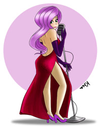 Size: 638x825 | Tagged: safe, artist:kprovido, imported from derpibooru, fluttershy, butterfly, human, clothes, crossover, dress, female, high heels, humanized, jessica rabbit, jessica rabbit dress, lipstick, makeup, sexy, side slit, solo, who framed roger rabbit