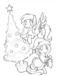 Size: 1280x1691 | Tagged: safe, artist:nauth, imported from derpibooru, fluttershy, rainbow dash, pegasus, pony, black and white, christmas, christmas tree, clothes, decoration, female, flying, grayscale, hat, holiday, mare, monochrome, mouth hold, santa hat, tree