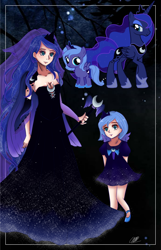 Size: 912x1414 | Tagged: safe, artist:violetleegee, imported from derpibooru, princess luna, human, alternative cutie mark placement, clothes, dress, filly, human ponidox, humanized, self paradox, self ponidox, shoulder cutie mark, staff, wand, woona, younger