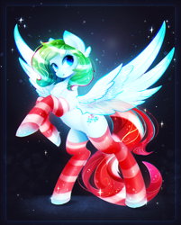Size: 1629x2022 | Tagged: safe, artist:koveliana, imported from derpibooru, oc, oc only, oc:mint polaire, pegasus, pony, chromatic aberration, clothes, commission, looking at you, rearing, socks, solo, striped socks