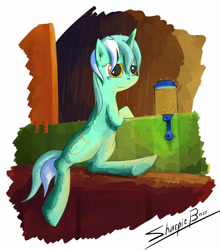 Size: 3302x3746 | Tagged: safe, artist:sharpieboss, imported from derpibooru, lyra heartstrings, firefly (insect), pony, unicorn, fanfic art, female, firefly lamp, lantern, mare, rain, sitting, smiling, solo, train, wet mane