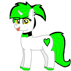 Size: 1200x1200 | Tagged: safe, artist:poniplayge, derpibooru exclusive, imported from derpibooru, oc, oc only, oc:emerald gloom, pony, unicorn, 2017 community collab, derpibooru community collaboration, bowtie, cutie mark, ear piercing, piercing, simple background, solo, tongue out, transparent background, yellow eyes