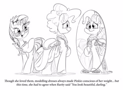 Size: 4988x3676 | Tagged: safe, artist:dilarus, deleted from derpibooru, imported from derpibooru, pinkie pie, rarity, absurd resolution, beautiful, black and white, chubby, clothes, darling, dress, glasses, grayscale, mirror, monochrome