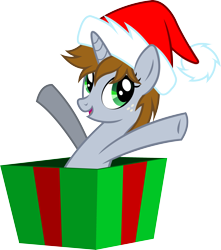 Size: 2751x3112 | Tagged: safe, artist:outlawedtofu, imported from derpibooru, oc, oc only, oc:littlepip, pony, unicorn, fallout equestria, box, fanfic, fanfic art, female, freckles, hat, hooves, horn, mare, open mouth, pony in a box, present, santa hat, simple background, solo, transparent background, vector