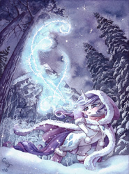 Size: 1024x1383 | Tagged: safe, artist:the-wizard-of-art, imported from derpibooru, rarity, pony, unicorn, blowing, blushing, cloak, clothes, female, forest, magic, mittens, open mouth, raised hoof, scenery, signature, snow, solo, traditional art, tree, watercolor painting, winter