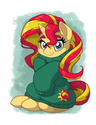 Size: 1275x1650 | Tagged: safe, artist:latecustomer, imported from derpibooru, sunset shimmer, pony, unicorn, equestria girls, clothes, cute, female, looking at you, mare, oversized clothes, shimmerbetes, smiling, solo, sweater