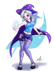 Size: 1200x1600 | Tagged: safe, artist:the-park, imported from derpibooru, starlight glimmer, trixie, human, armpits, belly button, cape, clothes, female, hat, humanized, midriff, one eye closed, plushie, shorts, signature, simple background, socks, solo, tanktop, thigh highs, trixie's cape, trixie's hat, white background, wink