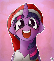 Size: 1501x1679 | Tagged: safe, artist:ohiekhe, imported from derpibooru, twilight sparkle, alicorn, pony, bust, clothes, costume, cute, female, floppy ears, hat, looking at you, open mouth, santa costume, santa hat, smiling, solo, twiabetes, twilight sparkle (alicorn)