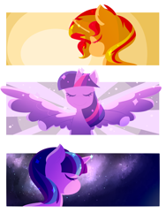 Size: 2400x3200 | Tagged: safe, artist:winterwithers, imported from derpibooru, starlight glimmer, sunset shimmer, twilight sparkle, alicorn, pony, counterparts, lineless, magical trio, spread wings, trio, twilight sparkle (alicorn), twilight's counterparts, twishimmerglimmer