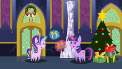 Size: 6666x3747 | Tagged: safe, artist:steampunk-brony, imported from derpibooru, starlight glimmer, twilight sparkle, alicorn, pony, absurd resolution, christmas, christmas tree, christmas wreath, levitation, magic, open mouth, pointy ponies, present, smiling, telekinesis, tree, twilight sparkle (alicorn), twilight's castle