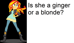 Size: 1532x900 | Tagged: safe, imported from derpibooru, sunset shimmer, equestria girls, caption, female, hair, solo, stupid question, text