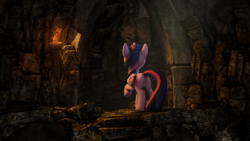 Size: 4000x2250 | Tagged: safe, artist:redaceofspades, imported from derpibooru, twilight sparkle, alicorn, dragon, pony, 3d, butt, cave, dungeon, female, plot, raised hoof, solo, source filmmaker, torch, twibutt, twilight sparkle (alicorn)