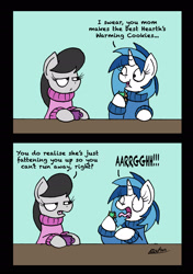 Size: 1748x2480 | Tagged: safe, artist:bobthedalek, imported from derpibooru, dj pon-3, octavia melody, vinyl scratch, earth pony, pony, unicorn, clothes, comic, cookie, duo, duo female, female, food, hearth's warming, high res, mare, mug, screaming, sweater, this will end in weight gain, this will end with octamum, unamused