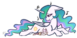 Size: 1024x502 | Tagged: safe, artist:peaceouttopizza23, imported from derpibooru, princess celestia, oc, oc:eclipse, hybrid, floppy ears, interspecies offspring, momlestia, mother and daughter, offspring, parent:discord, parent:princess celestia, parents:dislestia, prone, simple background, transparent background