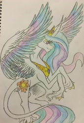 Size: 2207x3236 | Tagged: safe, artist:mscreepyplaguedoctor, imported from derpibooru, princess celestia, classical unicorn, cloven hooves, female, flying, leonine tail, simple background, solo, traditional art, unshorn fetlocks