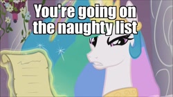 Size: 1280x720 | Tagged: safe, edit, edited screencap, imported from derpibooru, screencap, princess celestia, the crystal empire, spoiler:s03, angry, bitchlestia, caption, female, flower, glare, image macro, letter, looking at you, meme, quill, scroll, solo, text