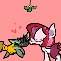 Size: 540x539 | Tagged: safe, artist:joeywaggoner, artist:shibanana, imported from derpibooru, gilda, oc, oc:mochrie the mock turtle, griffon, the clone that got away, alice in wonderland, arm, diane, heart, kissing, meme, mistletoe, mock turtle, pinkie clone