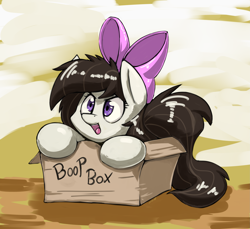 Size: 2831x2591 | Tagged: safe, artist:otakuap, imported from derpibooru, oc, oc only, oc:aggie, pony, boop box, bow, box, hair bow, pony in a box, solo