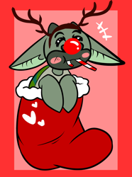 Size: 540x724 | Tagged: safe, artist:shibanana, imported from derpibooru, oc, oc only, oc:mochrie the mock turtle, alice in wonderland, antlers, candy, candy cane, christmas, christmas stocking, floppy ears, food, mock turtle, red nose, solo