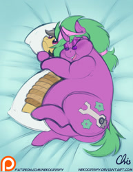 Size: 892x1155 | Tagged: safe, artist:nekocrispy, imported from derpibooru, daring do, oc, oc only, oc:gizmo gears, pony, unicorn, bandana, body pillow, chubby cheeks, daring daki, fat, female, glasses, obese, patreon, patreon logo, solo