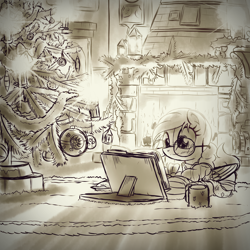 Size: 2600x2600 | Tagged: safe, artist:ruhisu, imported from derpibooru, oc, oc only, pegasus, pony, book, christmas, christmas tree, clothes, coffee, fireplace, glasses, monochrome, sketch, solo, sweater, tree, wip