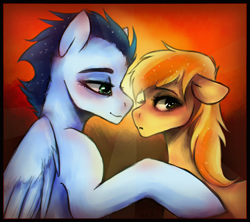 Size: 1562x1389 | Tagged: safe, artist:vetallie, imported from derpibooru, braeburn, soarin', pegasus, pony, blushing, gay, male, shipping, soarburn, sunset