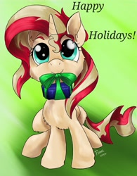 Size: 600x768 | Tagged: safe, artist:firimil, imported from derpibooru, sunset shimmer, pony, unicorn, equestria girls, cute, female, gift giving, happy holidays, looking at you, mouth hold, present, shimmerbetes, sitting, solo