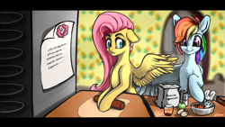 Size: 1920x1080 | Tagged: safe, artist:limchph2, imported from derpibooru, angel bunny, fluttershy, rainbow dash, apple, baking, carrot, dough, food, kitchen, rolling pin, spread wings, trio