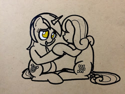 Size: 1334x1000 | Tagged: safe, artist:ashtoneer, imported from derpibooru, bon bon, lyra heartstrings, sweetie drops, female, holding hooves, lesbian, looking at each other, lyrabon, open mouth, partial color, sepia, shipping, sitting, smiling, traditional art
