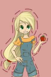 Size: 2000x3000 | Tagged: safe, artist:skune, imported from derpibooru, applejack, human, apple, cute, dungarees, female, food, grin, hatless, humanized, light skin, looking at you, missing accessory, obligatory apple, overalls, smiling, solo