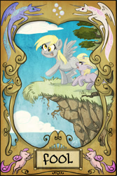 Size: 1204x1799 | Tagged: safe, artist:robd2003, imported from derpibooru, derpy hooves, dinky hooves, princess celestia, princess luna, pegasus, pony, cliff, female, mare, s1 luna, tarot, tarot card, the fool