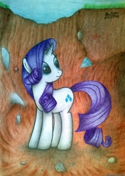 Size: 2000x2808 | Tagged: safe, artist:ponystarpony, imported from derpibooru, rarity, pony, female, hole, rock, solo, traditional art