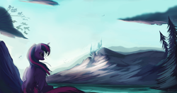 Size: 5760x3024 | Tagged: safe, artist:auroriia, imported from derpibooru, twilight sparkle, alicorn, pony, absurd resolution, canterlot, cloud, female, mountain, pine tree, scenery, sitting, sky, solo, tree, twilight sparkle (alicorn)