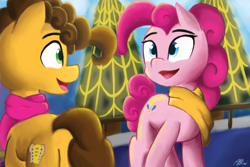 Size: 5400x3600 | Tagged: safe, artist:purpleblackkiwi, imported from derpibooru, cheese sandwich, pinkie pie, absurd resolution, cheesepie, christmas, clothes, cute, hearth's warming, lights, looking at each other, male, scarf, secret santa, shipping, straight, tree