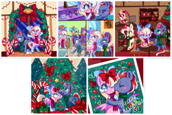 Size: 900x601 | Tagged: safe, artist:ipun, imported from derpibooru, oc, oc only, oc:bay breeze, oc:mahx, oc:peppermint mocha, fish, pegasus, pony, bahx, bells, bow, candy, candy cane, christmas, christmas tree, clothes, female, fishbowl, food, hair bow, heart eyes, kissing, male, mare, oc x oc, perfume, photo, scarf, shipping, socks, stallion, straight, striped socks, tree, watermark, wingding eyes