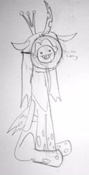 Size: 1409x2765 | Tagged: safe, artist:moonatik, imported from derpibooru, queen chrysalis, pony, female, hillary clinton, mask, monochrome, paper-thin disguise, seems legit, sitting, solo, traditional art, writing