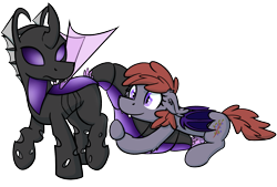 Size: 2162x1464 | Tagged: safe, artist:moemneop, imported from derpibooru, oc, oc only, oc:lukida, oc:memorynumber, bat pony, changeling, pony, changeling oc, hug, purple changeling, simple background, tail hug, transparent background