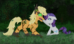 Size: 1500x900 | Tagged: safe, artist:eulicious, imported from derpibooru, applejack, rarity, original species, timber pony, timber wolf, crying, female, floppy ears, forest, lesbian, looking at each other, messy mane, rarijack, shipping, species swap, timber wolfified, timberjack