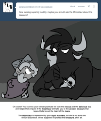 Size: 666x800 | Tagged: safe, artist:egophiliac, imported from derpibooru, princess luna, oc, oc:stardust (egophiliac), oc:ziggy, moonstuck, cartographer's cap, filly, grayscale, hat, marauder's mantle, monochrome, moonitaur, woona, younger