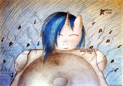 Size: 2847x2000 | Tagged: safe, artist:ponystarpony, imported from derpibooru, dj pon-3, vinyl scratch, pony, bass cannon, eyes closed, female, hug, music notes, solo, traditional art