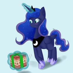 Size: 2000x2000 | Tagged: safe, artist:passigcamel, imported from derpibooru, princess luna, pony, blushing, female, gift giving, magic, present, solo, telekinesis