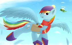 Size: 2560x1600 | Tagged: safe, artist:lukesaurusflavius, artist:ssnerdy, imported from derpibooru, rainbow dash, tank, pony, clothes, flying, hat, scarf