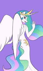 Size: 1100x1800 | Tagged: safe, artist:deathalchemist94, imported from derpibooru, princess celestia, anthro, clothes, dress, female, from behind, looking back, purple background, simple background, solo, waving