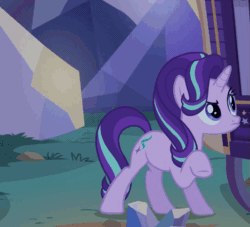 Size: 531x483 | Tagged: safe, imported from derpibooru, screencap, starlight glimmer, pony, unicorn, to where and back again, animated, behaving like a cat, cropped, cute, female, fireworks, frown, gif, glimmerbetes, gritted teeth, jumping, raised hoof, scared, shocked, solo, trixie's wagon, twilight's castle, wide eyes
