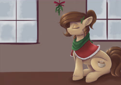Size: 5100x3600 | Tagged: safe, artist:ardail, imported from derpibooru, oc, oc only, oc:mocha latte, earth pony, pony, absurd resolution, clothes, ear fluff, eyes closed, female, mare, mistletoe, scarf, sitting, smiling, solo, window