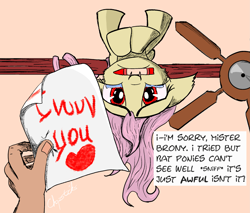 Size: 2941x2500 | Tagged: safe, artist:chopsticks, imported from derpibooru, fluttershy, bat pony, pony, brony, bronybait, ceiling fan, ceiling pony, chopsticks is trying to murder us, crayon, cute, daaaaaaaaaaaw, dialogue, fangs, female, floppy ears, flutterbat, hand, hnnng, mare, mouth hold, note, offscreen character, perspective, race swap, red eyes, sad, shyabates, shyabetes, teary eyes, upside down