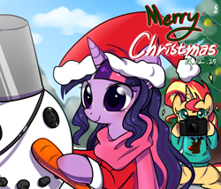 Size: 1400x1200 | Tagged: safe, artist:haden-2375, imported from derpibooru, sci-twi, sunset shimmer, twilight sparkle, pony, unicorn, button, camera, carrot, clothes, coal, cute, female, food, hat, hearth's warming, lesbian, mare, merry christmas, santa hat, scarf, scitwishimmer, shimmerbetes, shipping, sitting, smiling, snow, snowman, sunsetsparkle, twiabetes